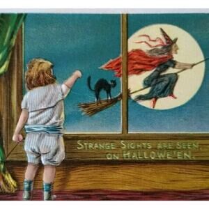 Halloween Postcard Window View Flying Witch Black Cat Anglo-American 876 Unused